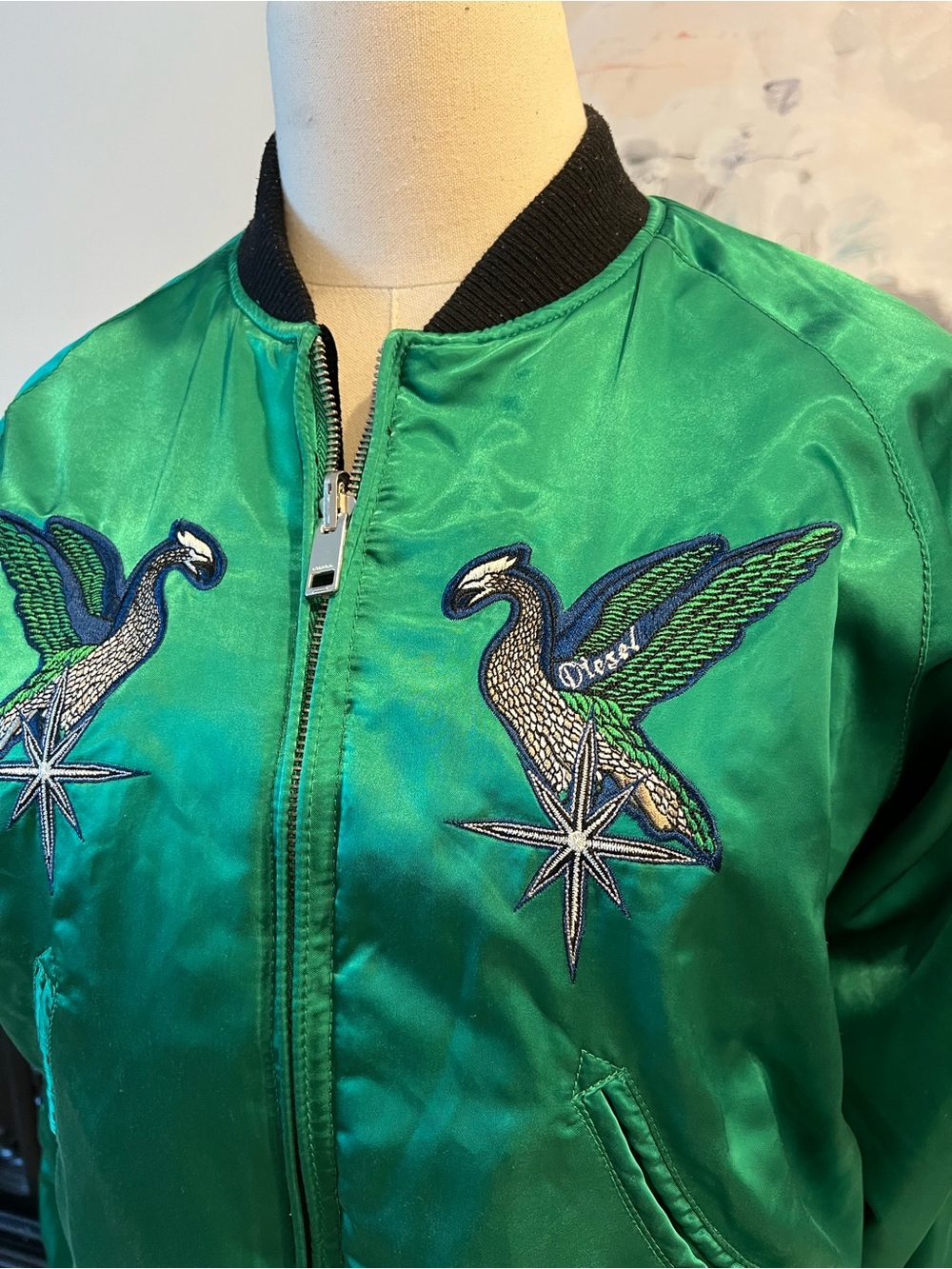 Reversible Diesel Emerald Green Embroidered Satin Bomber Jacket